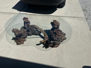 Elevate your Inland Empire home with this hand-crafted custom Grapewood coffee table in Big Bear Lake. Features a stunning hourglass glass top. $3,000 OBO.